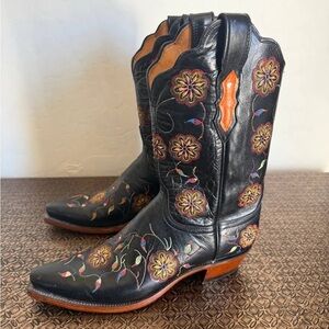 Lucchese Black Leather Western Boots with Multicolor Floral Embroidery